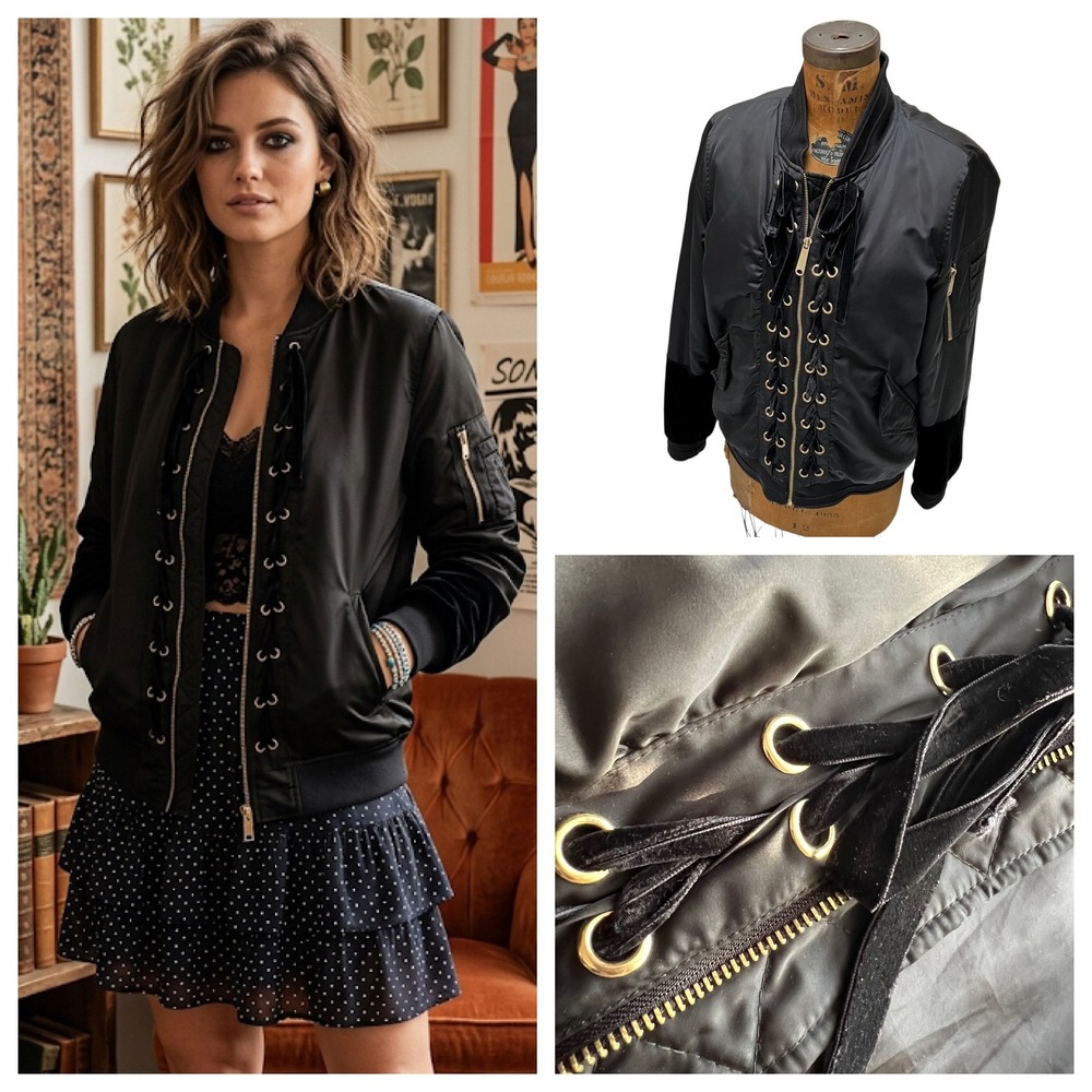 Sam Edelman Lace Up Bomber Black Utilty Jacket Coquette Victorian Grunge M Boxy